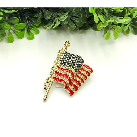 Vintage Brooch Flag red, navy and gold tones with rhinestones by Monet